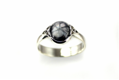 unique trepiche sapphire cabochon, custom-designed 14-karat white gold ring with trefoil accents, weighted shank