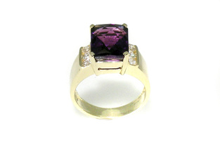 checky-top amethyst, yellow gold contemporary ring, channel-set diamonds