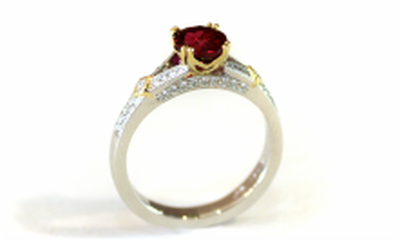 incredible natural red ruby, custom-designed platinum and 18-karat yellow gold ring, double French prongs, beadset diamonds on shoulders and in gallery, bezel-set princess cut diamonds