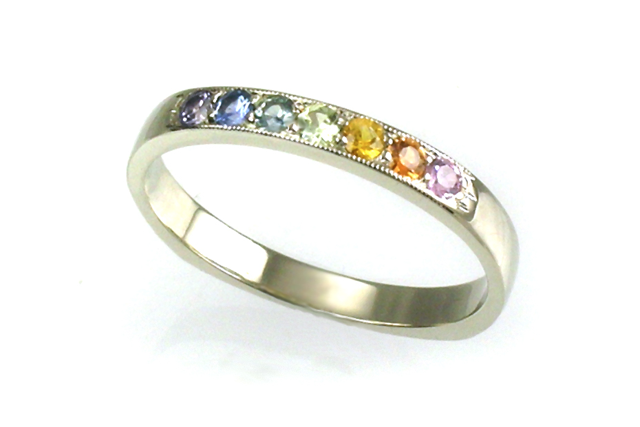 beadset anniversary band, rainbow sapphires, 14-karat white gold hand-forged shank