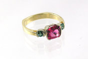 JMD original ring with pink tourmaline and teal tourmaline, bezel set two-tone ring