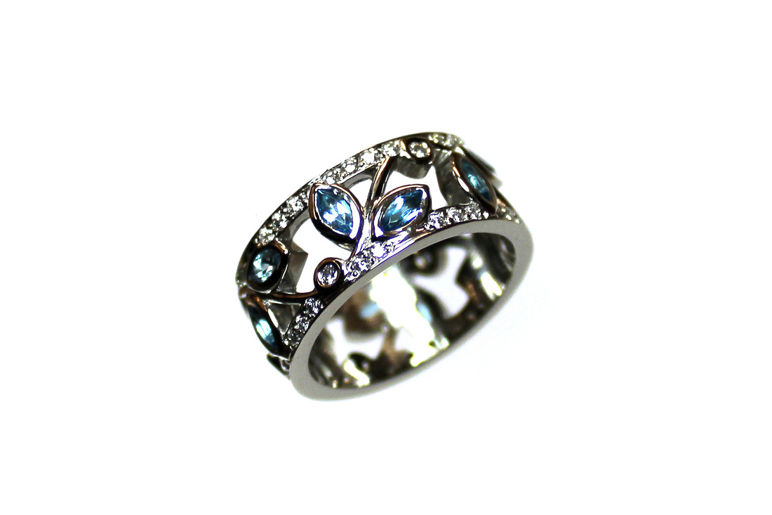 custom-designed topaz and diamond leaf and vine motif eternity band, platinum, beadset diamond rails